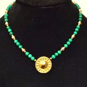 Carlton Ridge Sutton Hoo green and gold beads with stamped Round pendant in gold